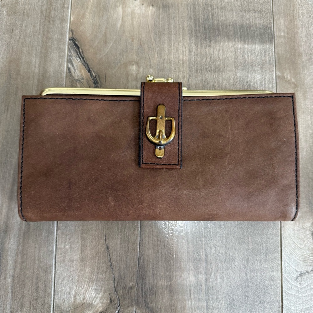 NEW Buxton‎ Wallet Cowhide Leather Brown Kisslock Buckle Gold Large Vtg READ
